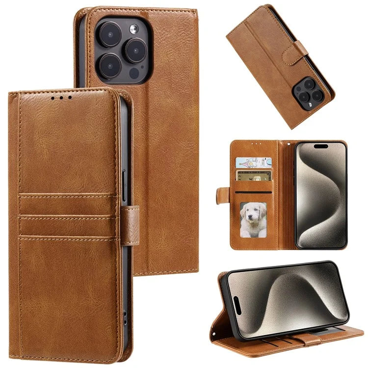For iPhone 15 Pro Max Case Leather Phone Cover Stand Wallet with Hand Strap