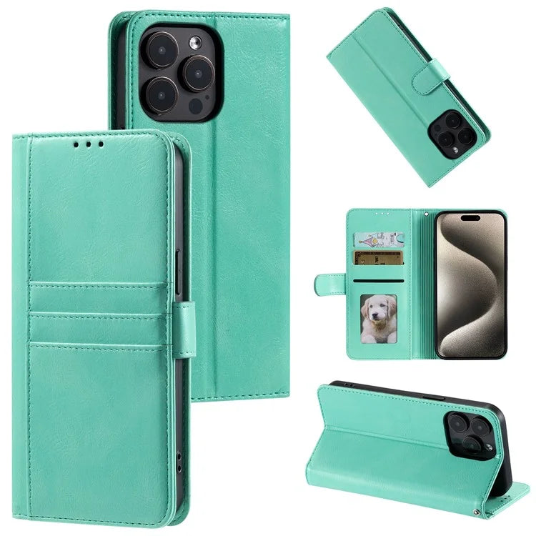 For iPhone 15 Pro Max Case Leather Phone Cover Stand Wallet with Hand Strap