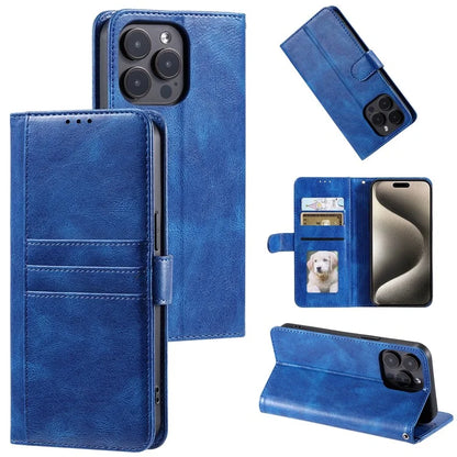 For iPhone 15 Pro Case Wallet Crazy Horse Texture Leather Phone Cover with Strap Blue
