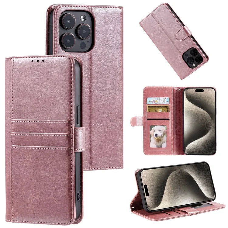 For iPhone 15 Pro Case Wallet Crazy Horse Texture Leather Phone Cover with Strap Blue