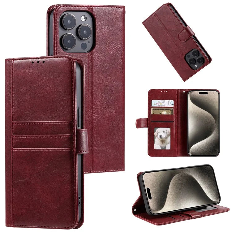 For iPhone 15 Pro Case Wallet Crazy Horse Texture Leather Phone Cover with Strap Blue