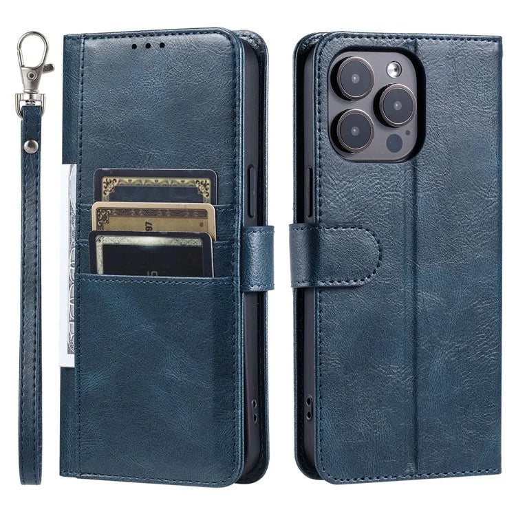 For iPhone 15 Pro Case Wallet Crazy Horse Texture Leather Phone Cover with Strap Blue