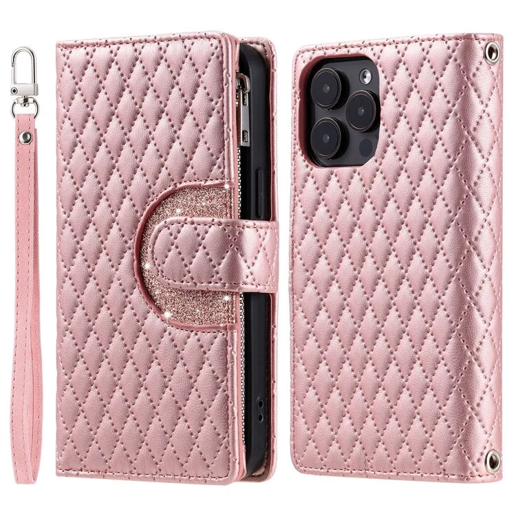 For iPhone 15 Pro Max Case Glitter Powder Grid Texture Leather Wallet Stand Cover with Strap