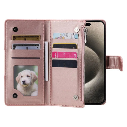 For iPhone 15 Pro Max Case Glitter Powder Grid Texture Leather Wallet Stand Cover with Strap