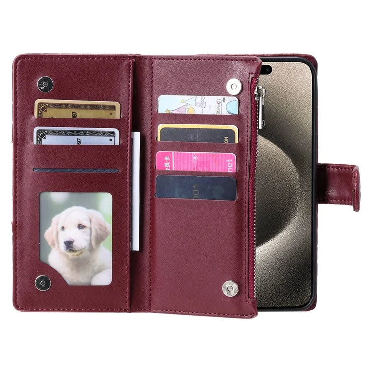 For iPhone 15 Pro Max Case Glitter Powder Grid Texture Leather Wallet Stand Cover with Strap