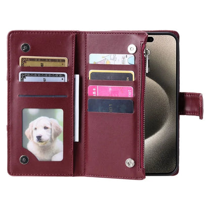 For iPhone 15 Pro Max Case Glitter Powder Grid Texture Leather Wallet Stand Cover with Strap