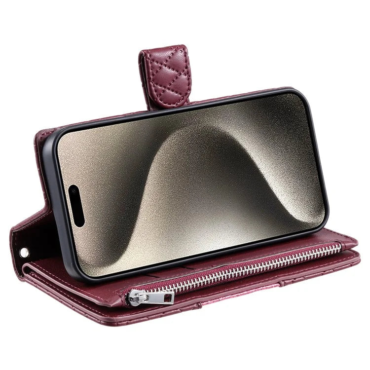 For iPhone 15 Pro Max Case Glitter Powder Grid Texture Leather Wallet Stand Cover with Strap