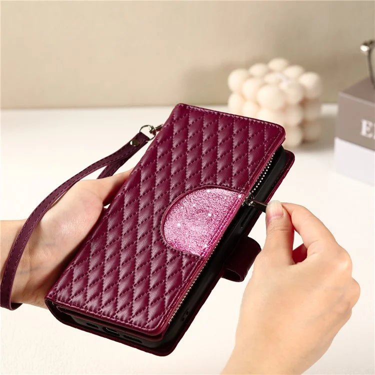 For iPhone 15 Pro Max Case Glitter Powder Grid Texture Leather Wallet Stand Cover with Strap