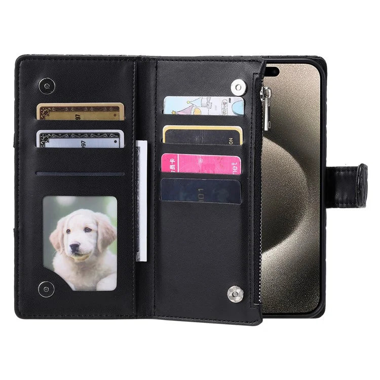 For iPhone 15 Pro Max Case Glitter Powder Grid Texture Leather Wallet Stand Cover with Strap