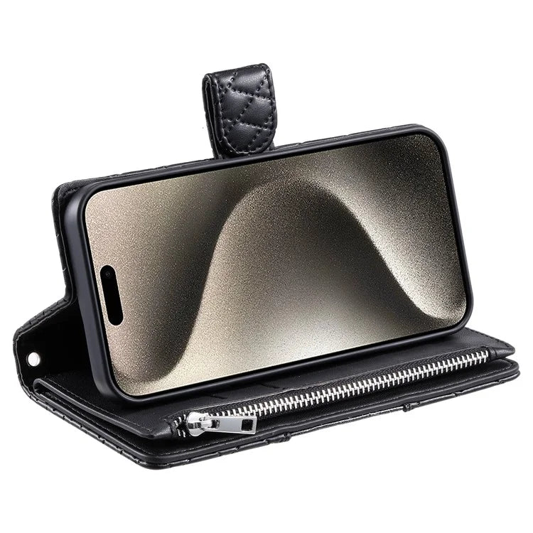 For iPhone 15 Pro Max Case Glitter Powder Grid Texture Leather Wallet Stand Cover with Strap