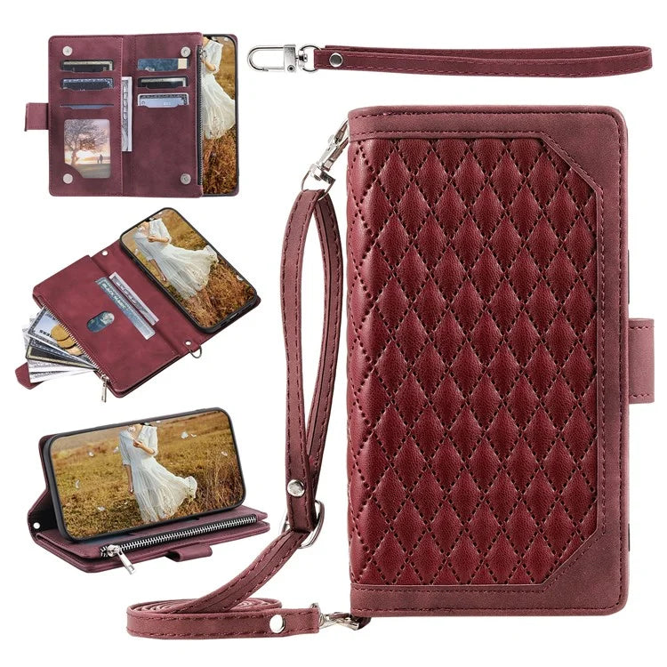 For Samsung Galaxy A55 5G Case Wallet Stand Rhombus Texture Phone Cover with Strap