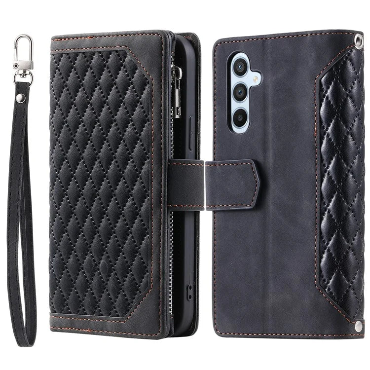 For Samsung Galaxy A55 5G Case Wallet Stand Rhombus Texture Phone Cover with Strap
