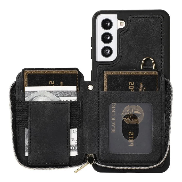For Samsung Galaxy S21 4G / 5G Case Kickstand PU Leather+TPU Zipper Wallet Cover