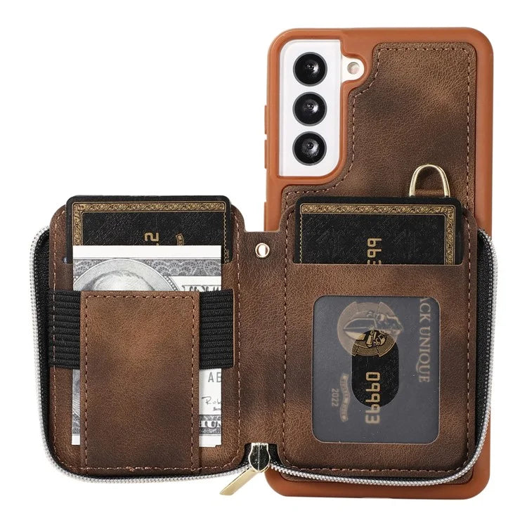 For Samsung Galaxy S21 4G / 5G Case Kickstand PU Leather+TPU Zipper Wallet Cover