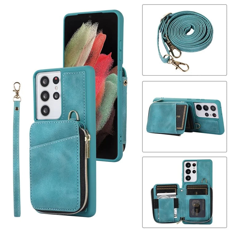 For Samsung Galaxy S21 Ultra 5G Cell Phone Case PU Leather+TPU Zipper Wallet Cover