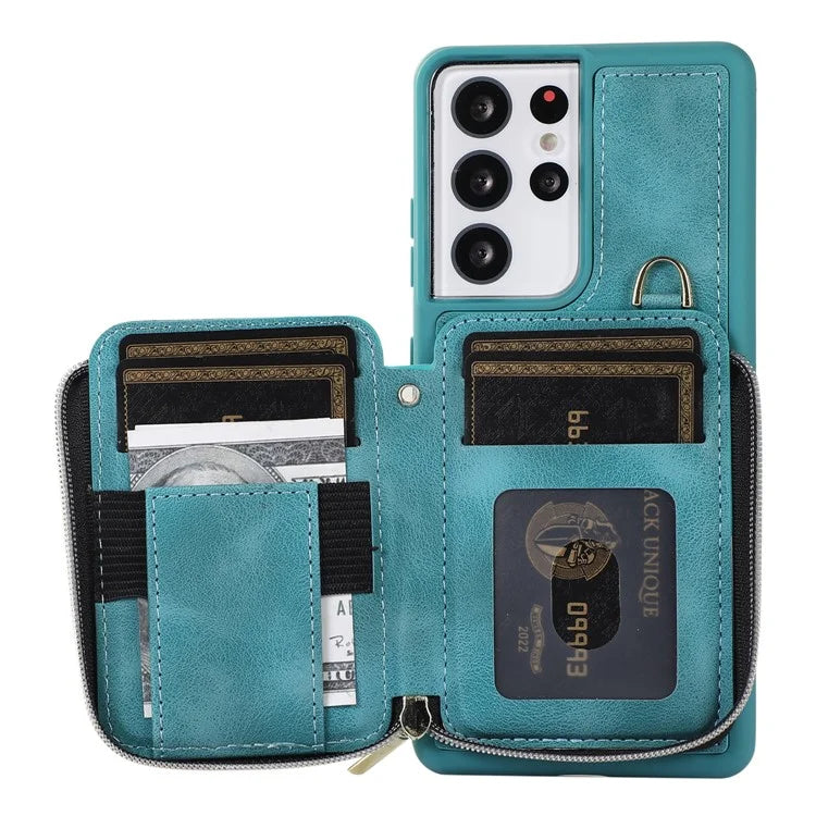 For Samsung Galaxy S21 Ultra 5G Cell Phone Case PU Leather+TPU Zipper Wallet Cover