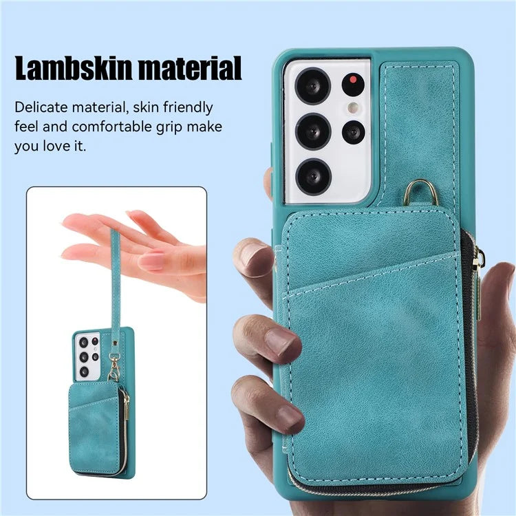 For Samsung Galaxy S21 Ultra 5G Cell Phone Case PU Leather+TPU Zipper Wallet Cover