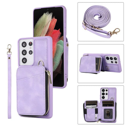For Samsung Galaxy S21 Ultra 5G Cell Phone Case PU Leather+TPU Zipper Wallet Cover