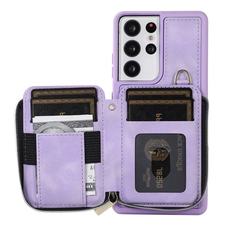 For Samsung Galaxy S21 Ultra 5G Cell Phone Case PU Leather+TPU Zipper Wallet Cover