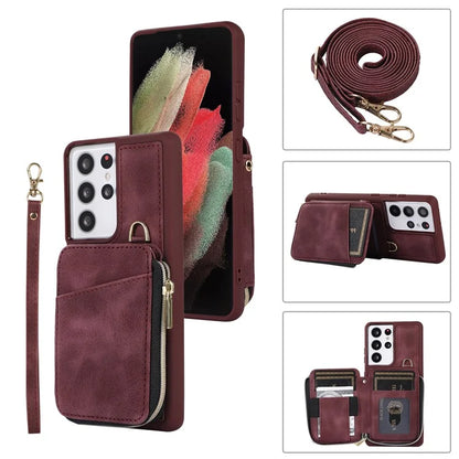 For Samsung Galaxy S21 Ultra 5G Cell Phone Case PU Leather+TPU Zipper Wallet Cover