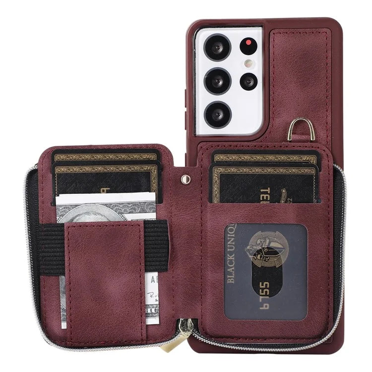 For Samsung Galaxy S21 Ultra 5G Cell Phone Case PU Leather+TPU Zipper Wallet Cover