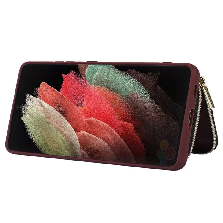 For Samsung Galaxy S21 Ultra 5G Cell Phone Case PU Leather+TPU Zipper Wallet Cover