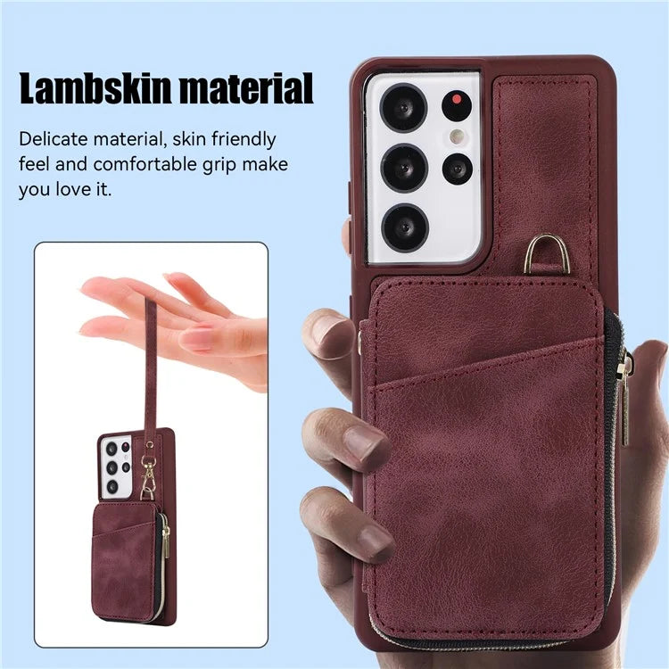 For Samsung Galaxy S21 Ultra 5G Cell Phone Case PU Leather+TPU Zipper Wallet Cover