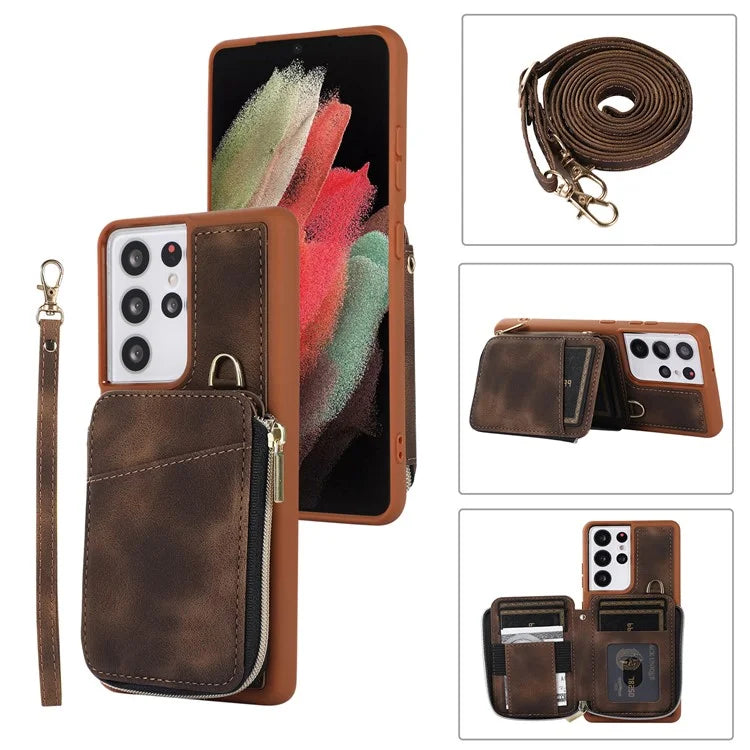 For Samsung Galaxy S21 Ultra 5G Cell Phone Case PU Leather+TPU Zipper Wallet Cover