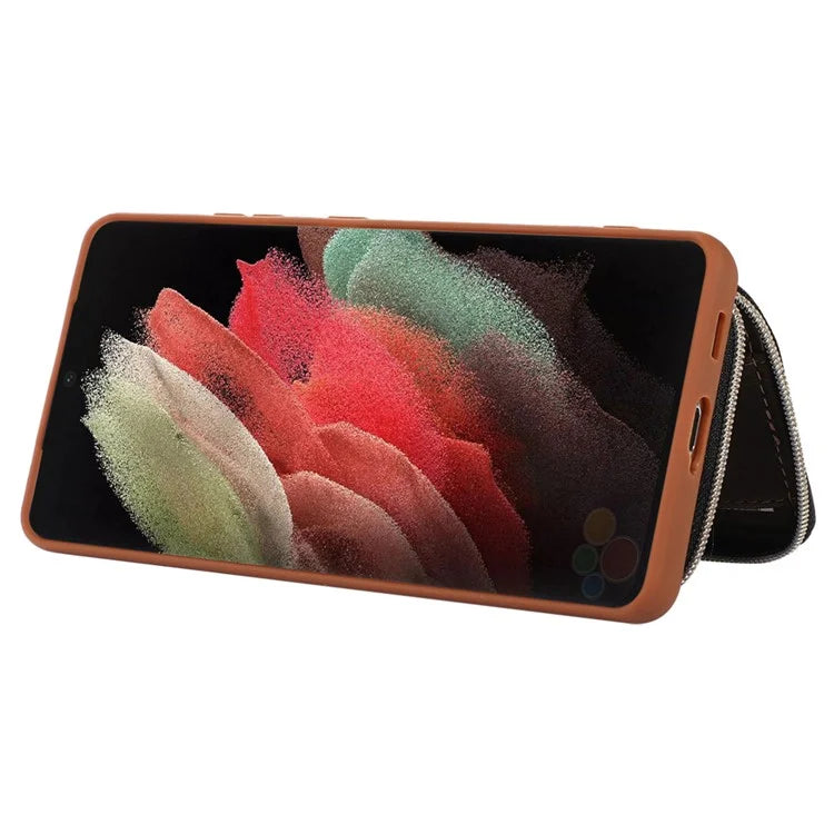 For Samsung Galaxy S21 Ultra 5G Cell Phone Case PU Leather+TPU Zipper Wallet Cover