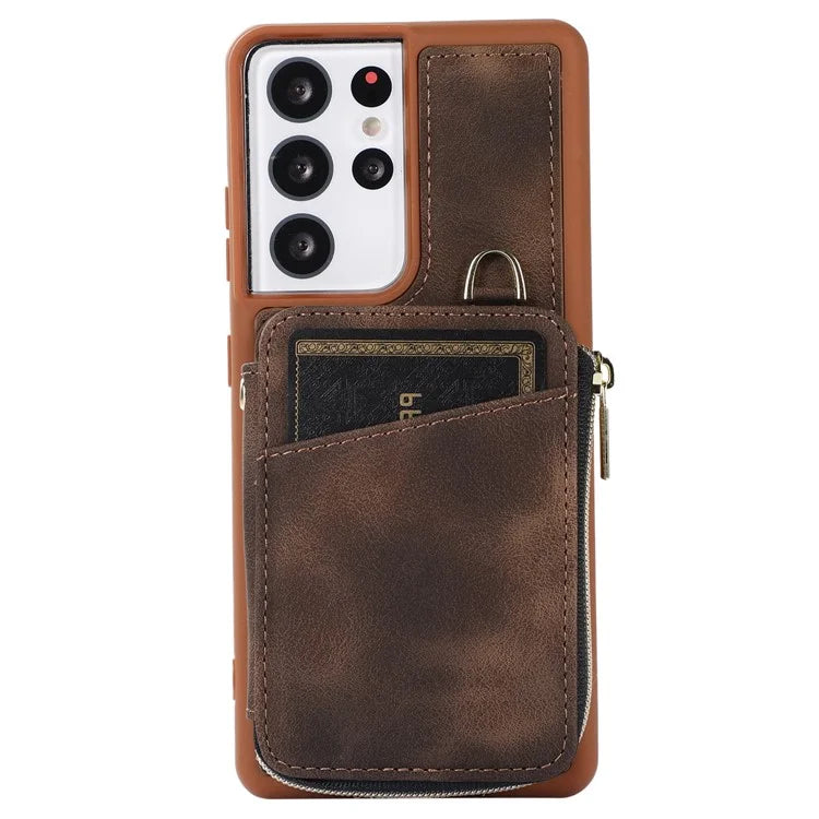 For Samsung Galaxy S21 Ultra 5G Cell Phone Case PU Leather+TPU Zipper Wallet Cover