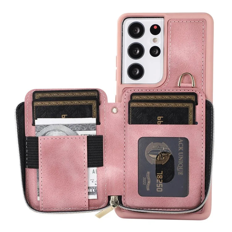 For Samsung Galaxy S21 Ultra 5G Cell Phone Case PU Leather+TPU Zipper Wallet Cover