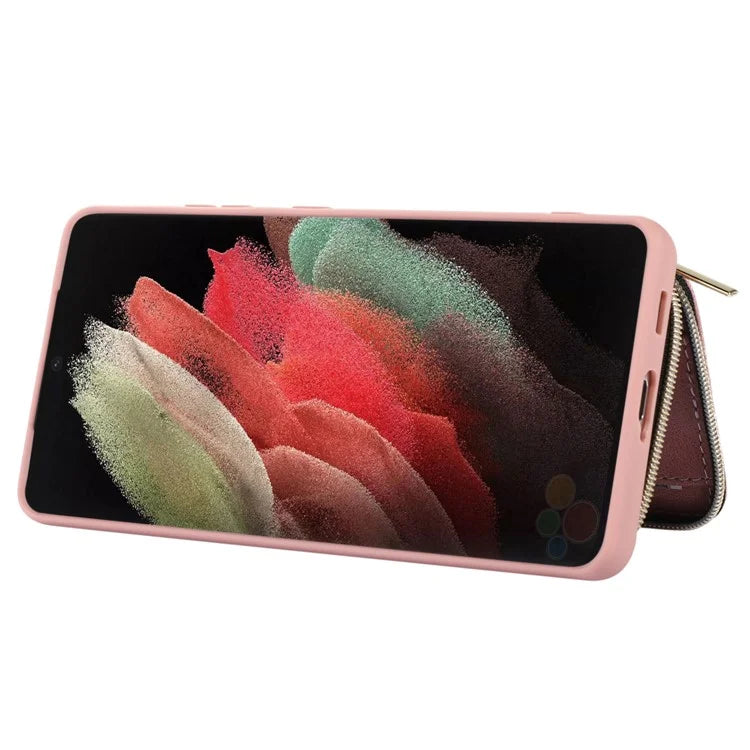 For Samsung Galaxy S21 Ultra 5G Cell Phone Case PU Leather+TPU Zipper Wallet Cover
