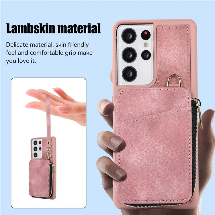 For Samsung Galaxy S21 Ultra 5G Cell Phone Case PU Leather+TPU Zipper Wallet Cover