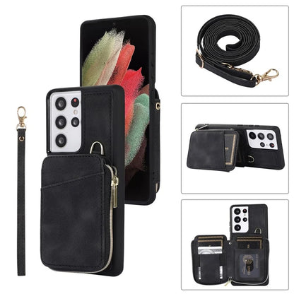 For Samsung Galaxy S21 Ultra 5G Cell Phone Case PU Leather+TPU Zipper Wallet Cover