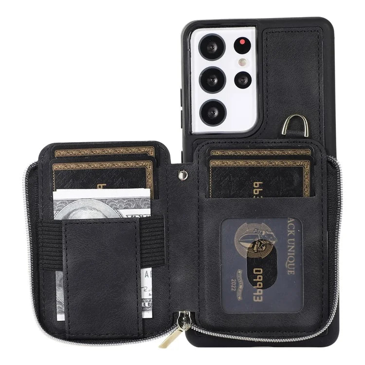 For Samsung Galaxy S21 Ultra 5G Cell Phone Case PU Leather+TPU Zipper Wallet Cover