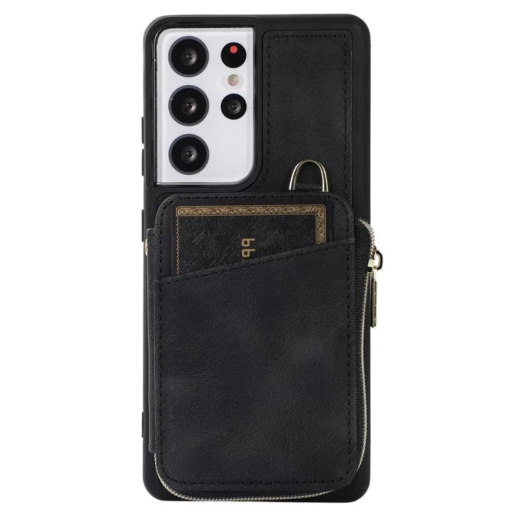 For Samsung Galaxy S21 Ultra 5G Cell Phone Case PU Leather+TPU Zipper Wallet Cover