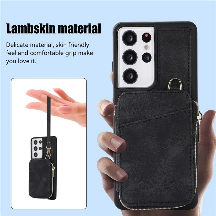 For Samsung Galaxy S21 Ultra 5G Cell Phone Case PU Leather+TPU Zipper Wallet Cover