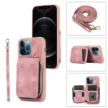 For iPhone 12 Pro Max Cell Phone Case with Strap PU Leather+TPU Kickstand Cover