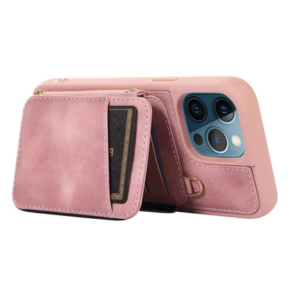 For iPhone 12 Pro Max Cell Phone Case with Strap PU Leather+TPU Kickstand Cover