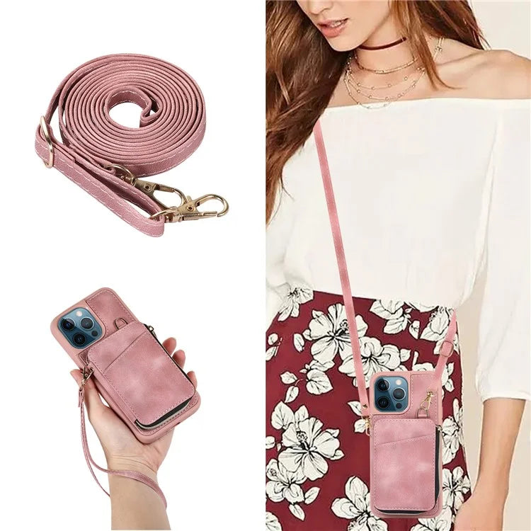 For iPhone 12 Pro Max Cell Phone Case with Strap PU Leather+TPU Kickstand Cover