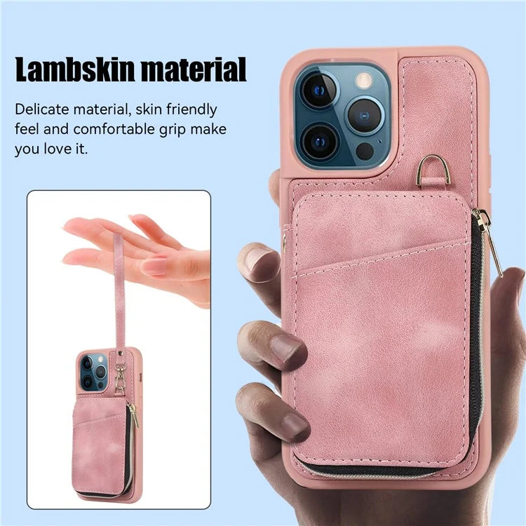 For iPhone 12 Pro Max Cell Phone Case with Strap PU Leather+TPU Kickstand Cover