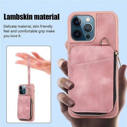 For iPhone 12 Pro Max Cell Phone Case with Strap PU Leather+TPU Kickstand Cover