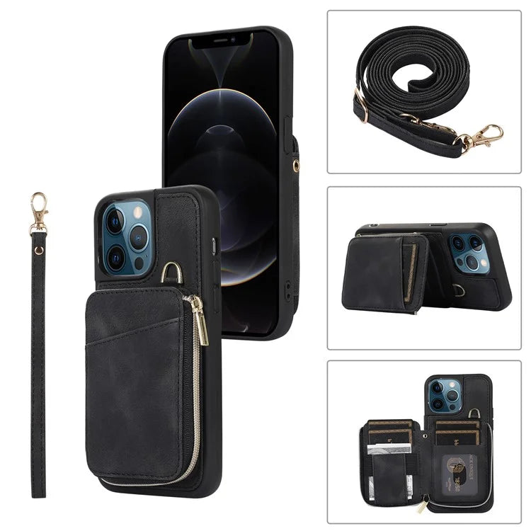For iPhone 12 Pro Max Cell Phone Case with Strap PU Leather+TPU Kickstand Cover