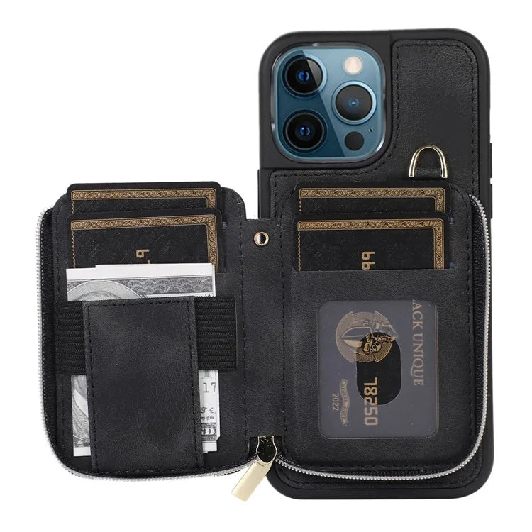 For iPhone 12 Pro Max Cell Phone Case with Strap PU Leather+TPU Kickstand Cover