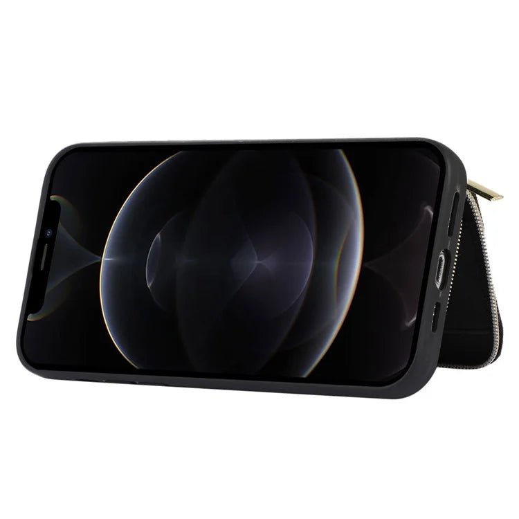 For iPhone 12 Pro Max Cell Phone Case with Strap PU Leather+TPU Kickstand Cover