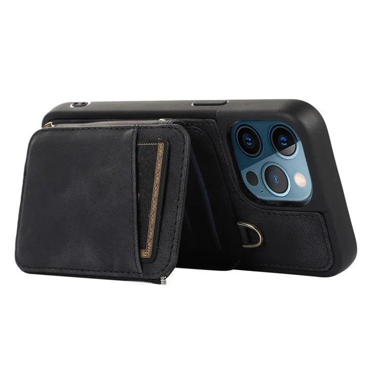 For iPhone 12 Pro Max Cell Phone Case with Strap PU Leather+TPU Kickstand Cover