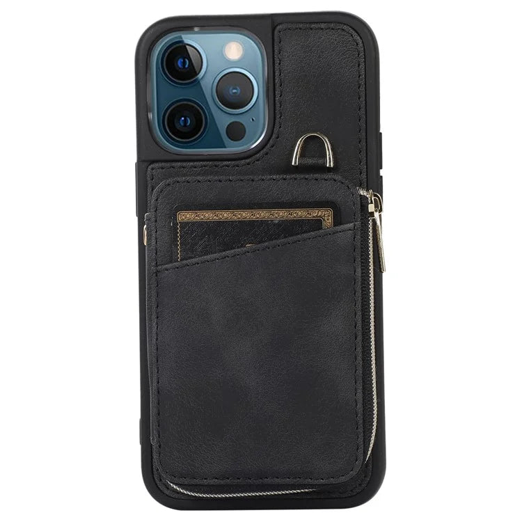 For iPhone 12 Pro Max Cell Phone Case with Strap PU Leather+TPU Kickstand Cover