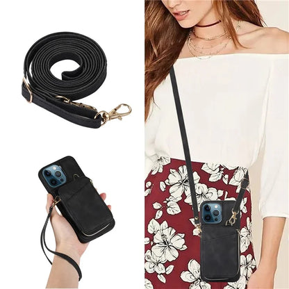 For iPhone 12 Pro Max Cell Phone Case with Strap PU Leather+TPU Kickstand Cover