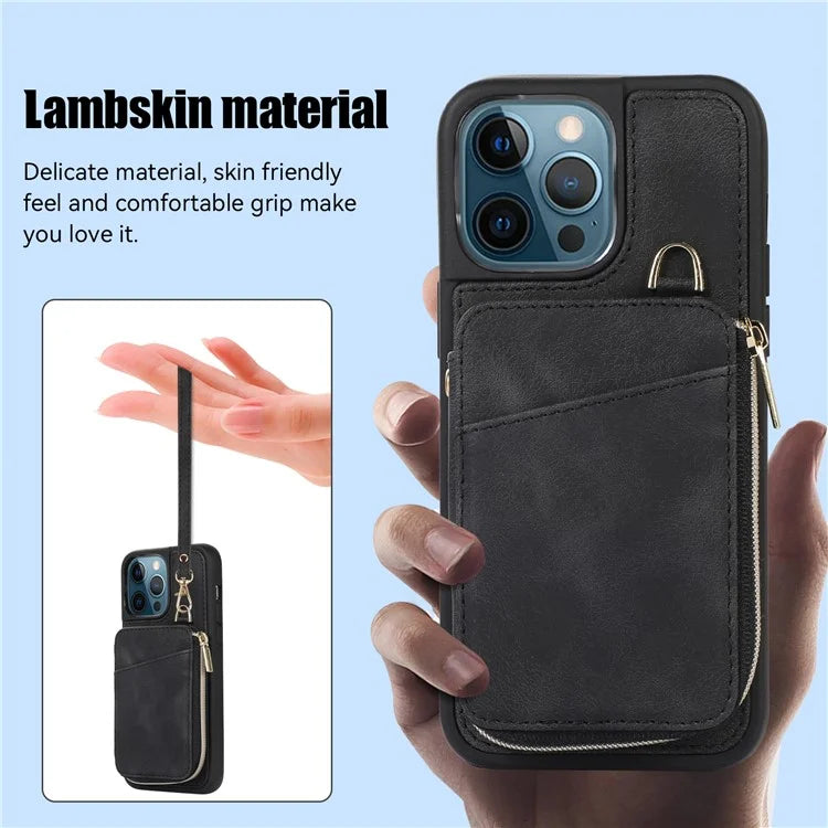 For iPhone 12 Pro Max Cell Phone Case with Strap PU Leather+TPU Kickstand Cover