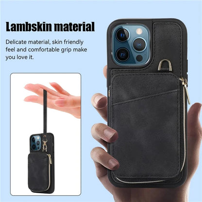 For iPhone 12 Pro Max Cell Phone Case with Strap PU Leather+TPU Kickstand Cover